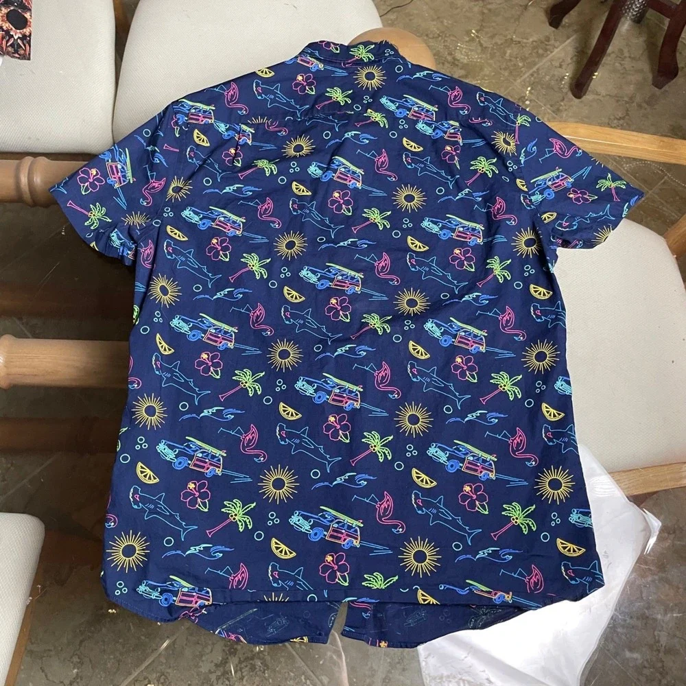 J. Crew Flex Washed Slim Button Down Shirt Neon Shark Print Short‎ Sleeve - M